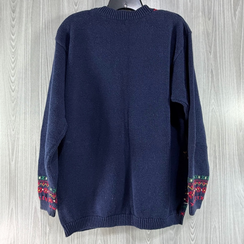 Jantzen Classics Cardigan Sweater Hand Embroidered Vintage Navy Floral Cabin L - Picture 2 of 6